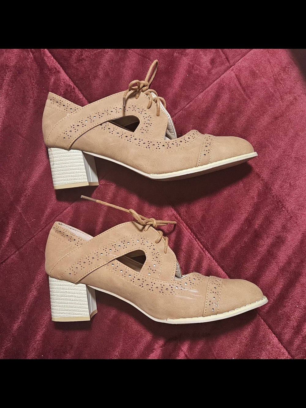 Neutral Tan Lace-Up Block Heel Pumps for Women
